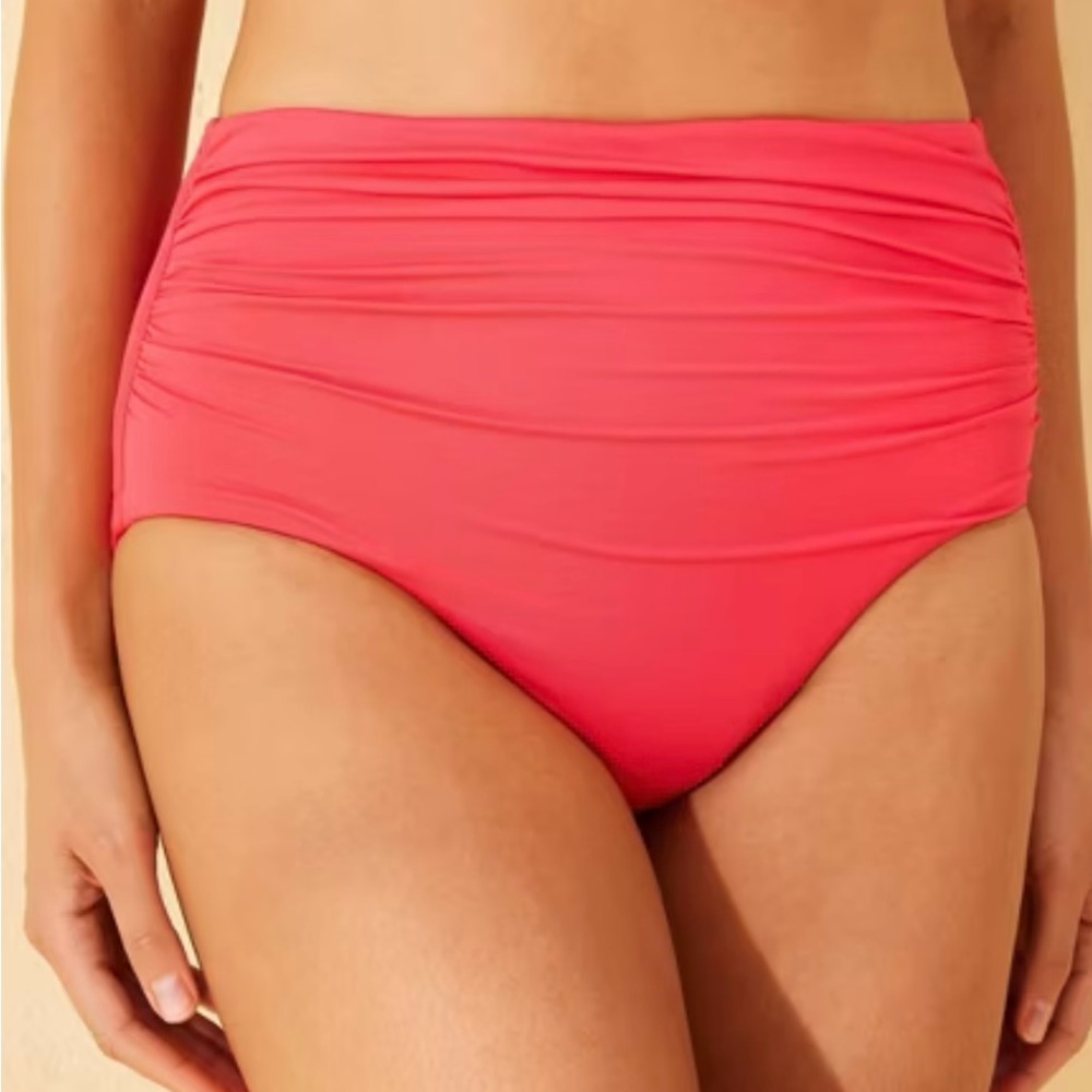 Pink High-Waisted Bikini with Elegant Ruching